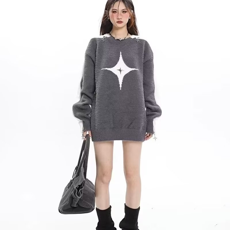 Mohair sweater women's autumn and winter design niche mid-length lazy style loose off-shoulder long-sleeved sweater top