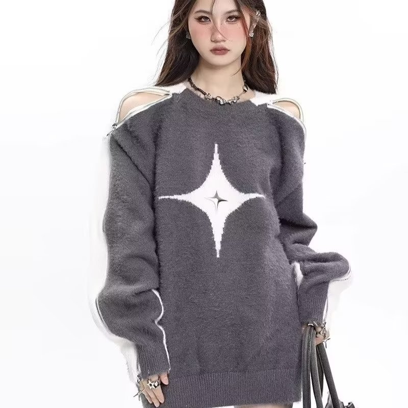 Mohair sweater women's autumn and winter design niche mid-length lazy style loose off-shoulder long-sleeved sweater top