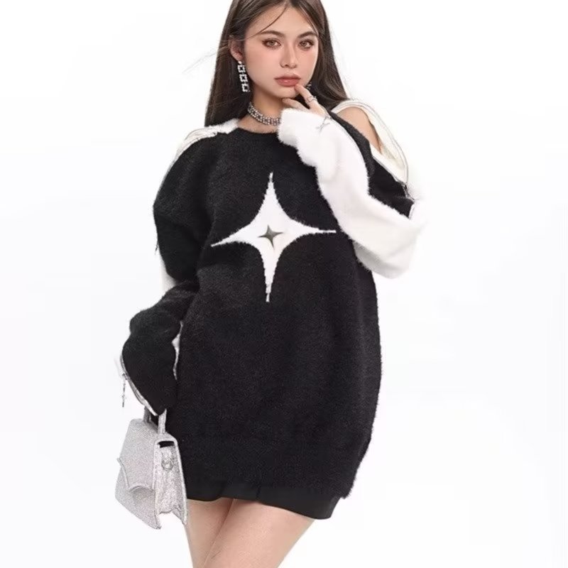 Mohair sweater women's autumn and winter design niche mid-length lazy style loose off-shoulder long-sleeved sweater top