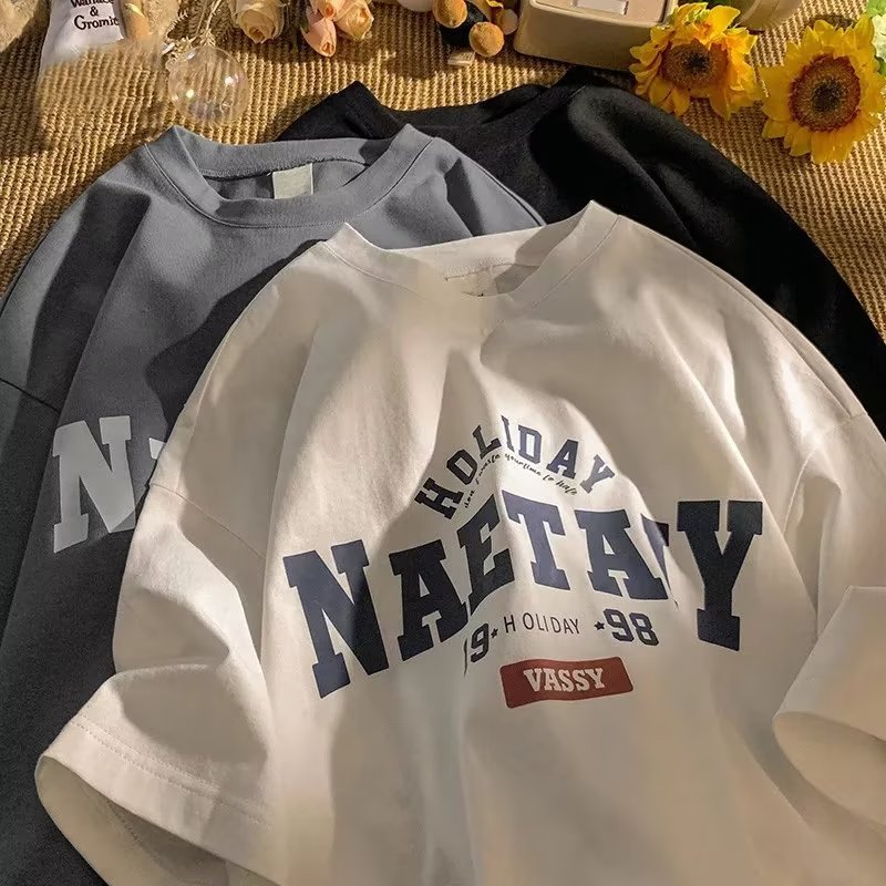 Summer round neck men's American retro trendy brand letter printed short-sleeved national fashion versatile loose couple bottoming T-shirt