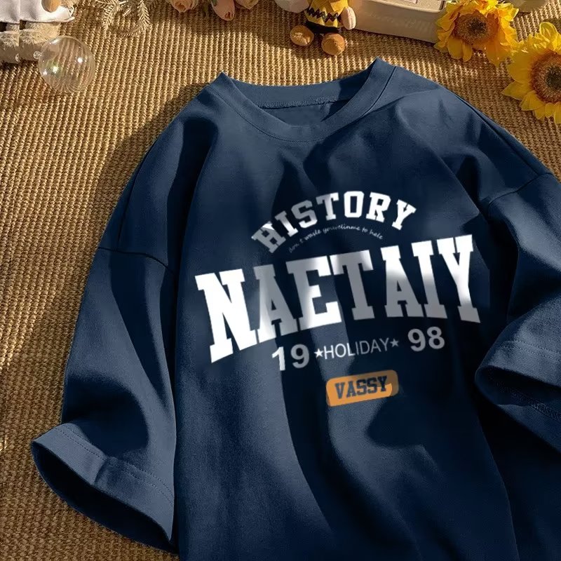 Summer round neck men's American retro trendy brand letter printed short-sleeved national fashion versatile loose couple bottoming T-shirt