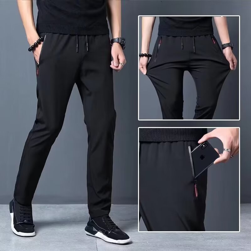Ice silk pants men's summer thin business versatile slim solid color straight elastic sports quick-drying casual pants