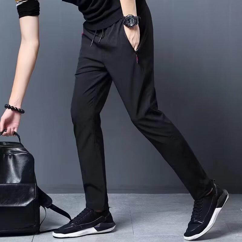 Ice silk pants men's summer thin business versatile slim solid color straight elastic sports quick-drying casual pants