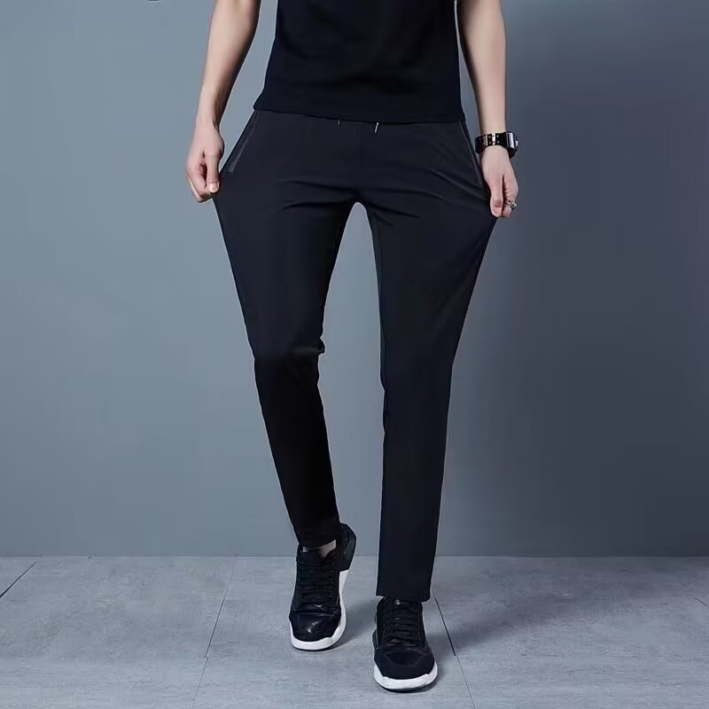 Ice silk pants men's summer thin business versatile slim solid color straight elastic sports quick-drying casual pants