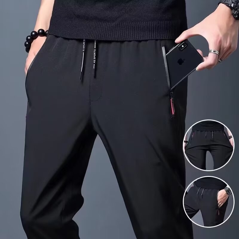 Ice silk pants men's summer thin business versatile slim solid color straight elastic sports quick-drying casual pants