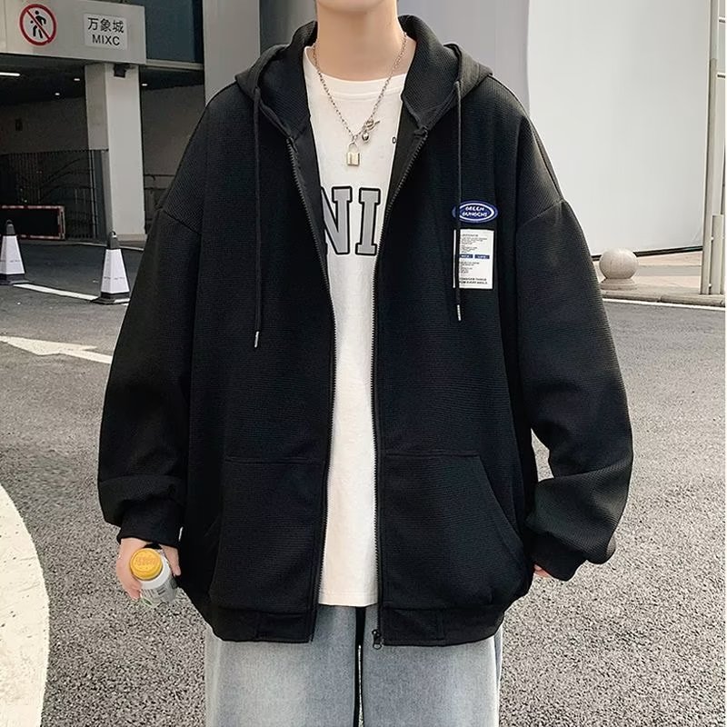 Autumn waffle sweatshirt jacket men's cardigan zipper top loose hooded ins trend large size student jacket