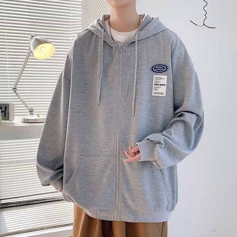 Autumn waffle sweatshirt jacket men's cardigan zipper top loose hooded ins trend large size student jacket