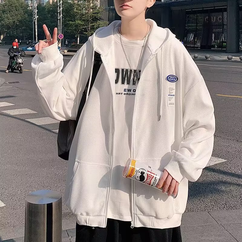Autumn waffle sweatshirt jacket men's cardigan zipper top loose hooded ins trend large size student jacket