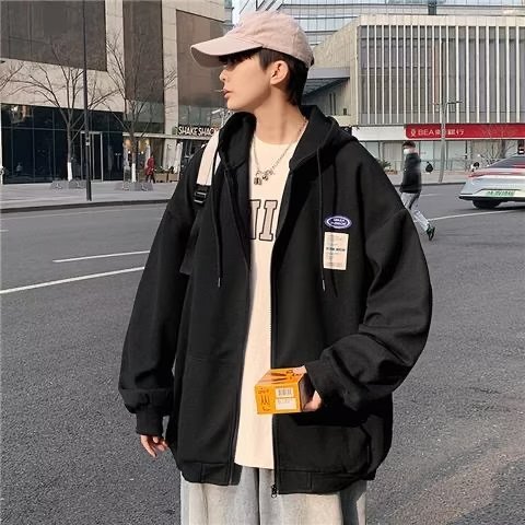 Autumn waffle sweatshirt jacket men's cardigan zipper top loose hooded ins trend large size student jacket