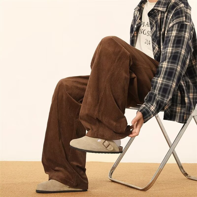 Literary youth straight-legged American retro brown corduroy pants men's high-waisted spring regular trousers