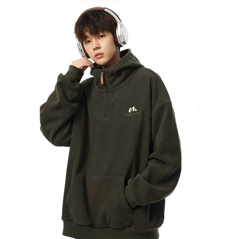 Men's dark gray polar fleece sweatshirt men's hooded thickened warm autumn and winter top pullover half-zip jacket for men