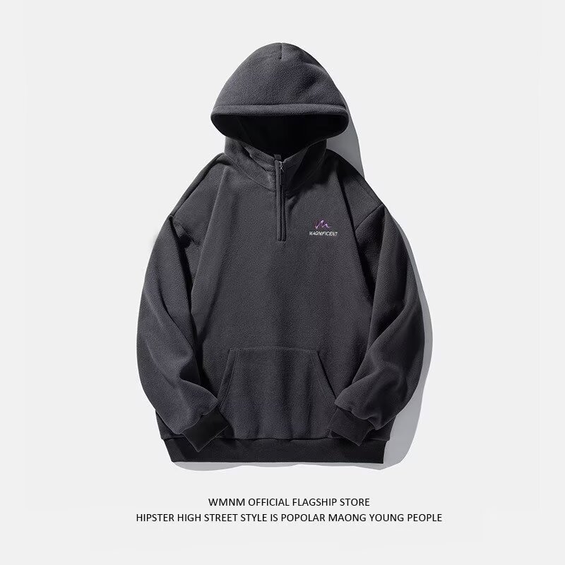 Men's dark gray polar fleece sweatshirt men's hooded thickened warm autumn and winter top pullover half-zip jacket for men