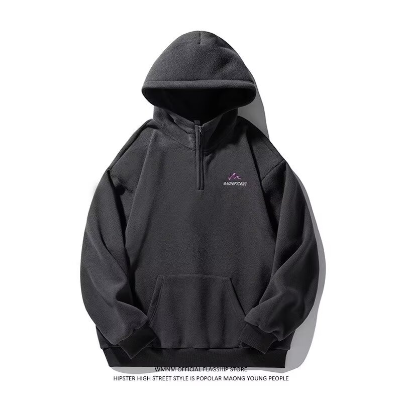 Men's dark gray polar fleece sweatshirt men's hooded thickened warm autumn and winter top pullover half-zip jacket for men