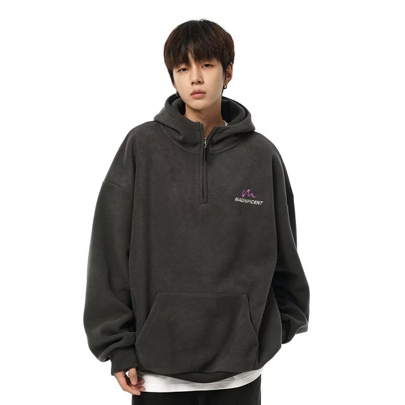 Men's dark gray polar fleece sweatshirt men's hooded thickened warm autumn and winter top pullover half-zip jacket for men