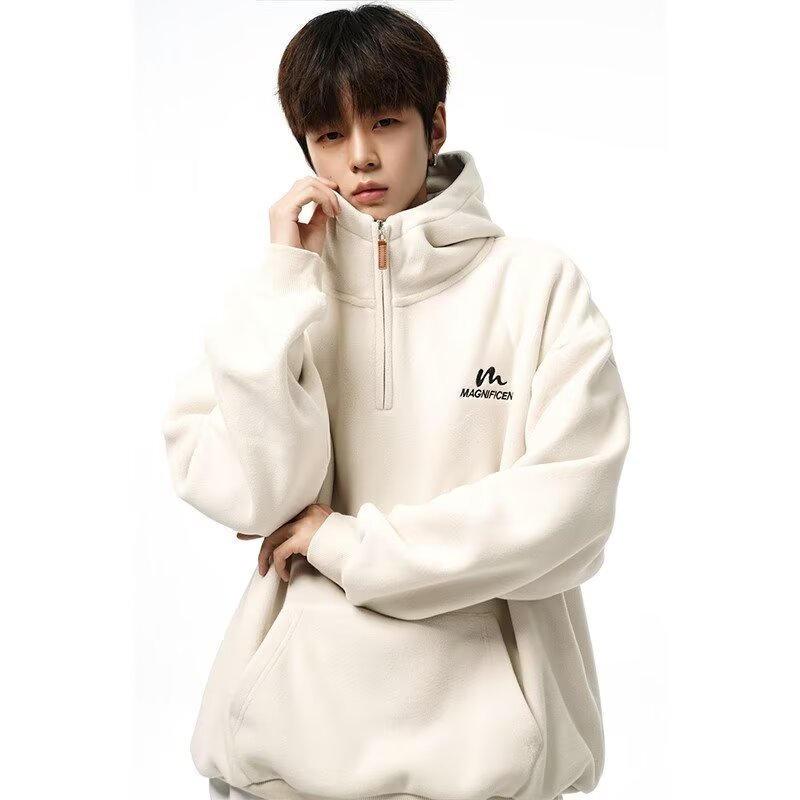 Men's dark gray polar fleece sweatshirt men's hooded thickened warm autumn and winter top pullover half-zip jacket for men