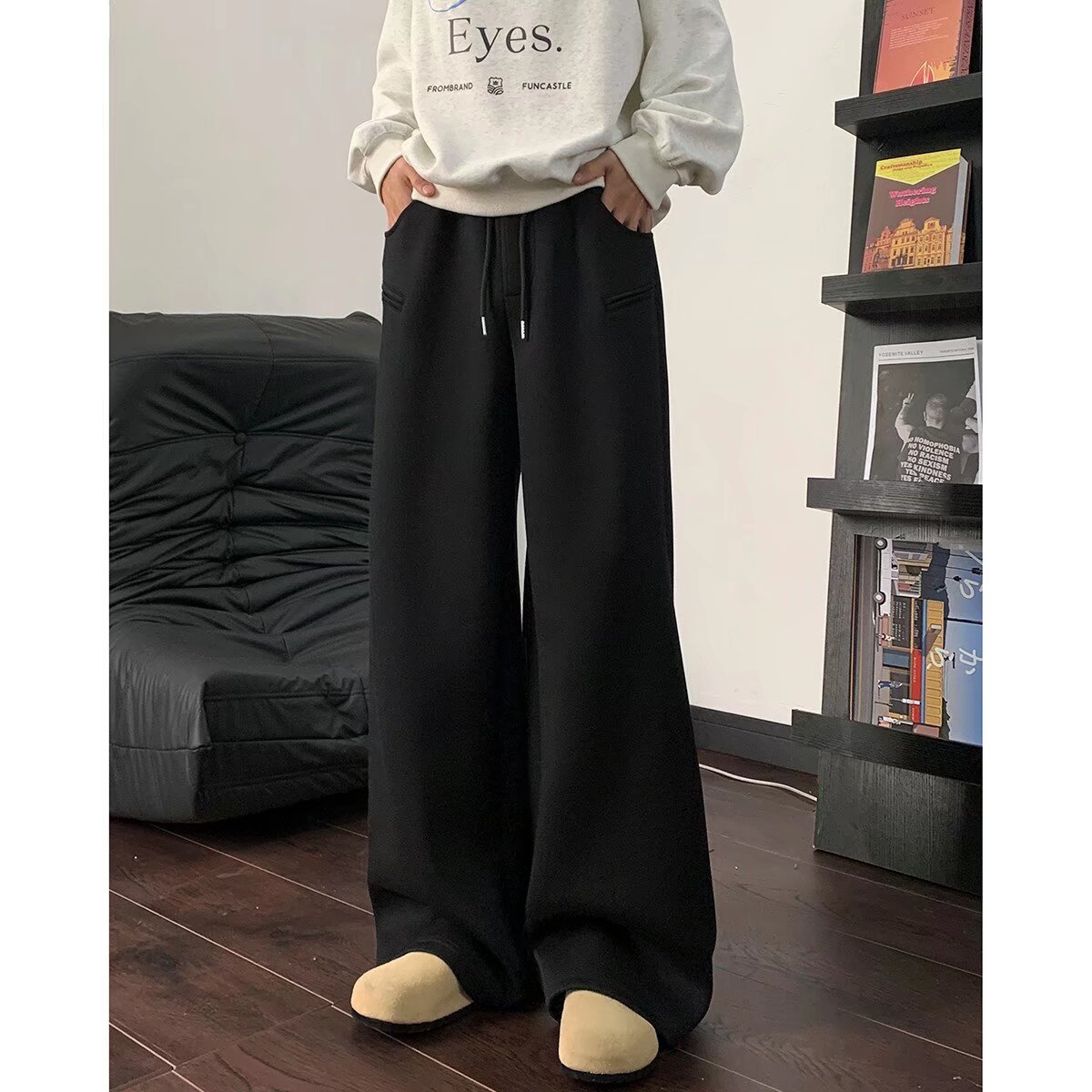 Daily washable high-end drawstring men's autumn and winter American trendy brand casual floor-length trousers loose version warm pants