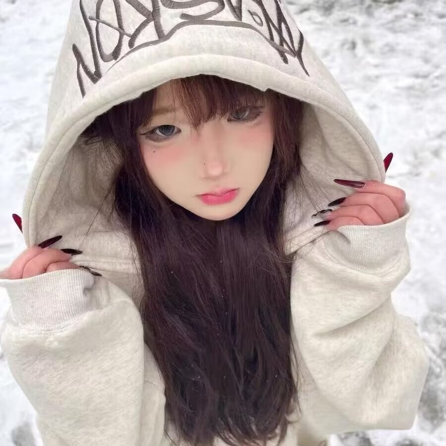 Plush embroidered hooded fleece sweatshirt for women, winter high street ins fashion brand loose thickened top hoodie