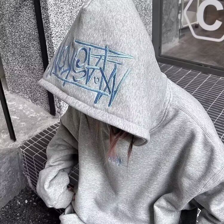 Plush embroidered hooded fleece sweatshirt for women, winter high street ins fashion brand loose thickened top hoodie