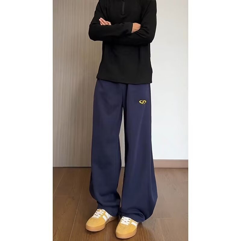 2024 Winter New Atmosphere Contrast Color Drawstring Puppy Embroidery Loose Leg-Wide Leg Two-Wear Plus Velvet Sweatpants for Women