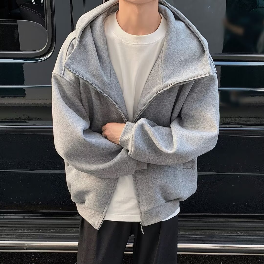 Floral gray heavy cardigan sweatshirt men's autumn American retro high-end hoodie silhouette jacket