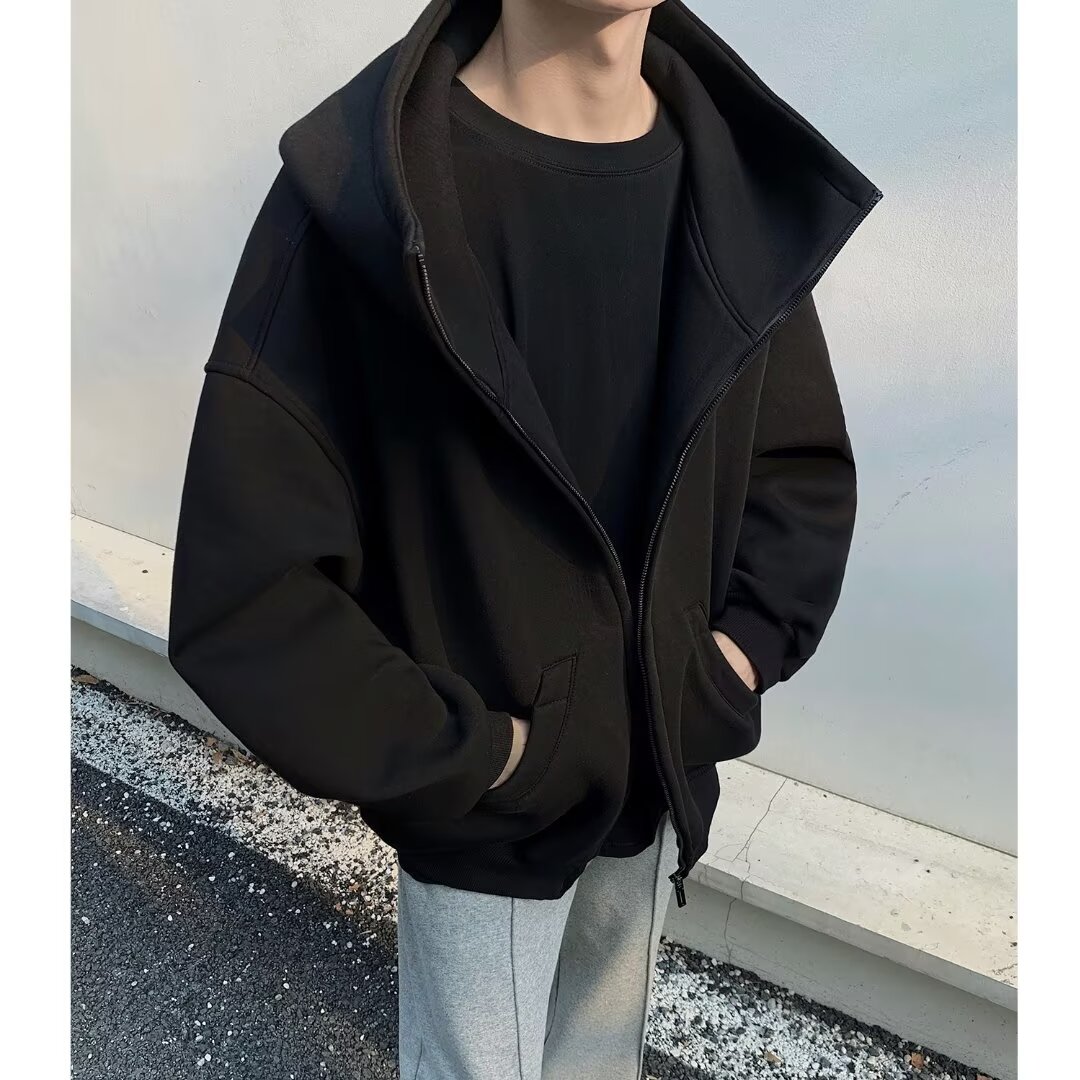 Floral gray heavy cardigan sweatshirt men's autumn American retro high-end hoodie silhouette jacket