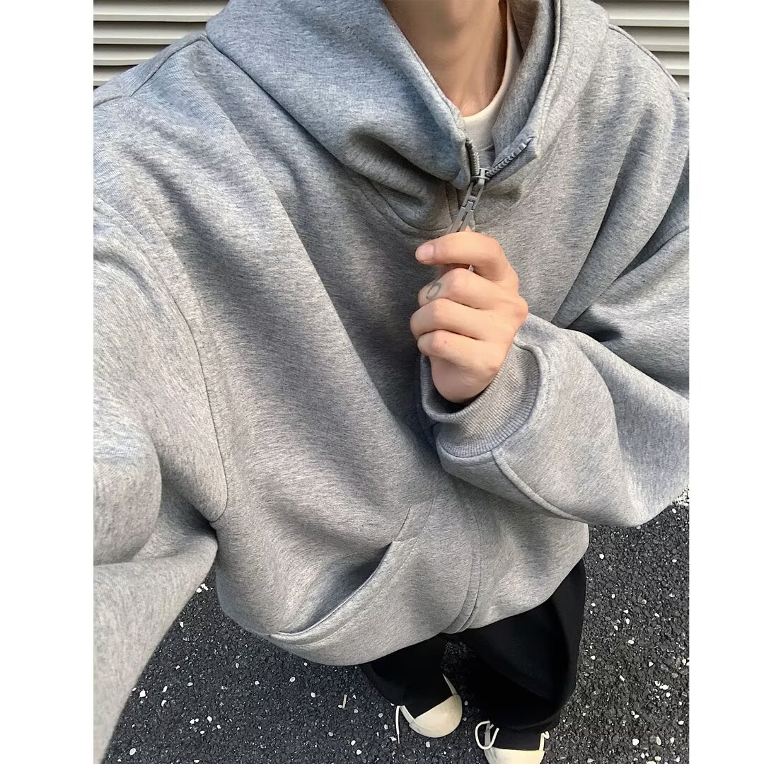 Floral gray heavy cardigan sweatshirt men's autumn American retro high-end hoodie silhouette jacket