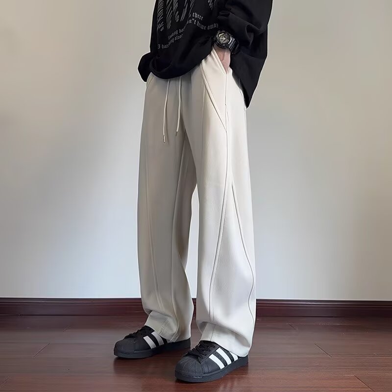 American casual loose drawstring three-dimensional splicing youth straight pants trendy and versatile pure cotton sports sweatpants men's autumn style