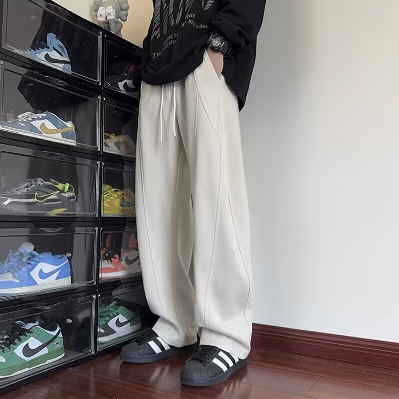 American casual loose drawstring three-dimensional splicing youth straight pants trendy and versatile pure cotton sports sweatpants men's autumn style