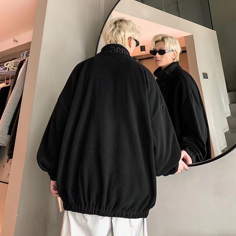 Spring and Autumn American style lazy chic polar fleece jacket for men, autumn and winter zipper, youth trendy stand-up collar, long sleeves