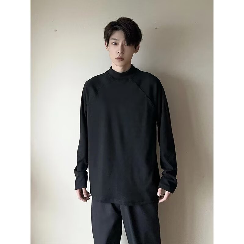 Half turtleneck bottoming shirt for men in autumn and winter, double-sided German velvet casual long-sleeved T-shirt for warm inner wear