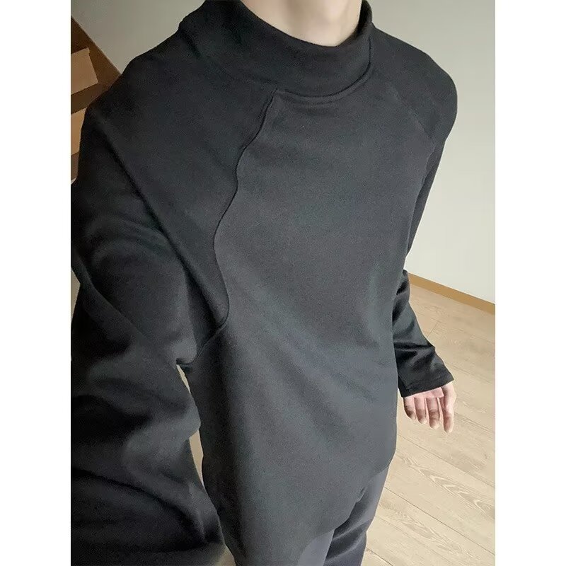 Half turtleneck bottoming shirt for men in autumn and winter, double-sided German velvet casual long-sleeved T-shirt for warm inner wear