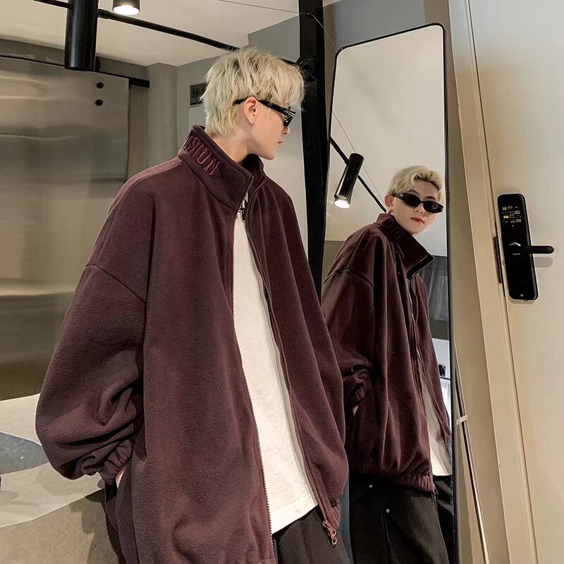 Spring and Autumn American style lazy chic polar fleece jacket for men, autumn and winter zipper, youth trendy stand-up collar, long sleeves