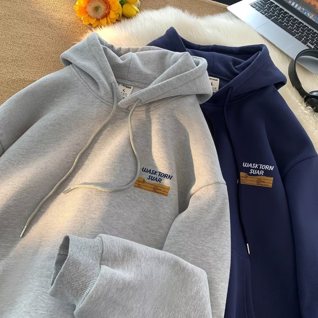 Autumn hooded sweatshirt men's spring and autumn trendy brand plus velvet heavy American teenager autumn and winter jacket loose