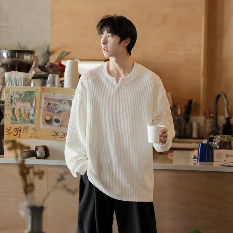 Adolescent pure color ins, loose V -neck spring V -neck long sleeve t -shirt men's spring and autumn laziness style, full wave