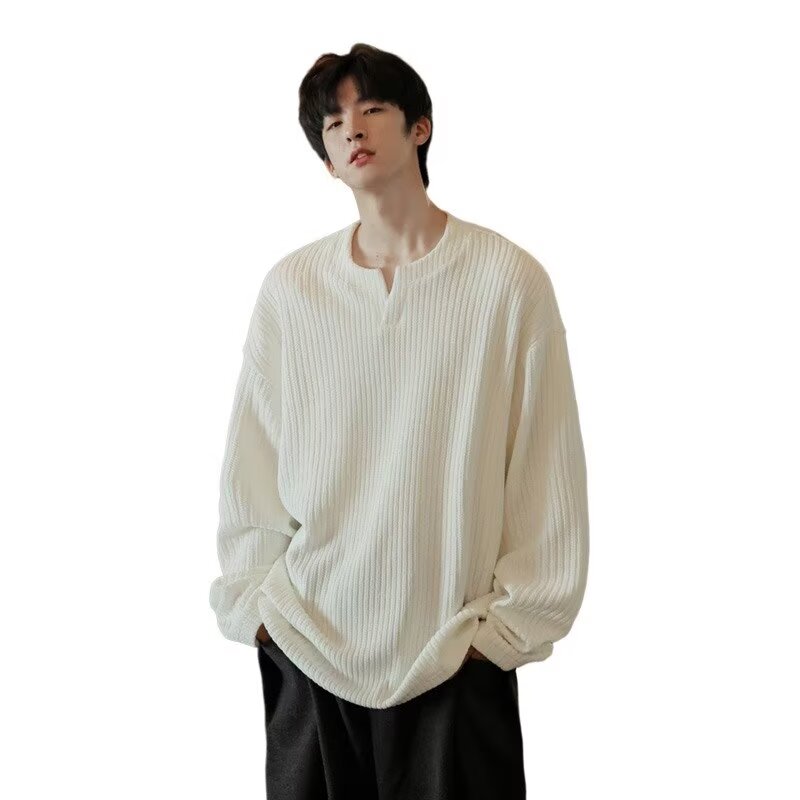 Adolescent pure color ins, loose V -neck spring V -neck long sleeve t -shirt men's spring and autumn laziness style, full wave