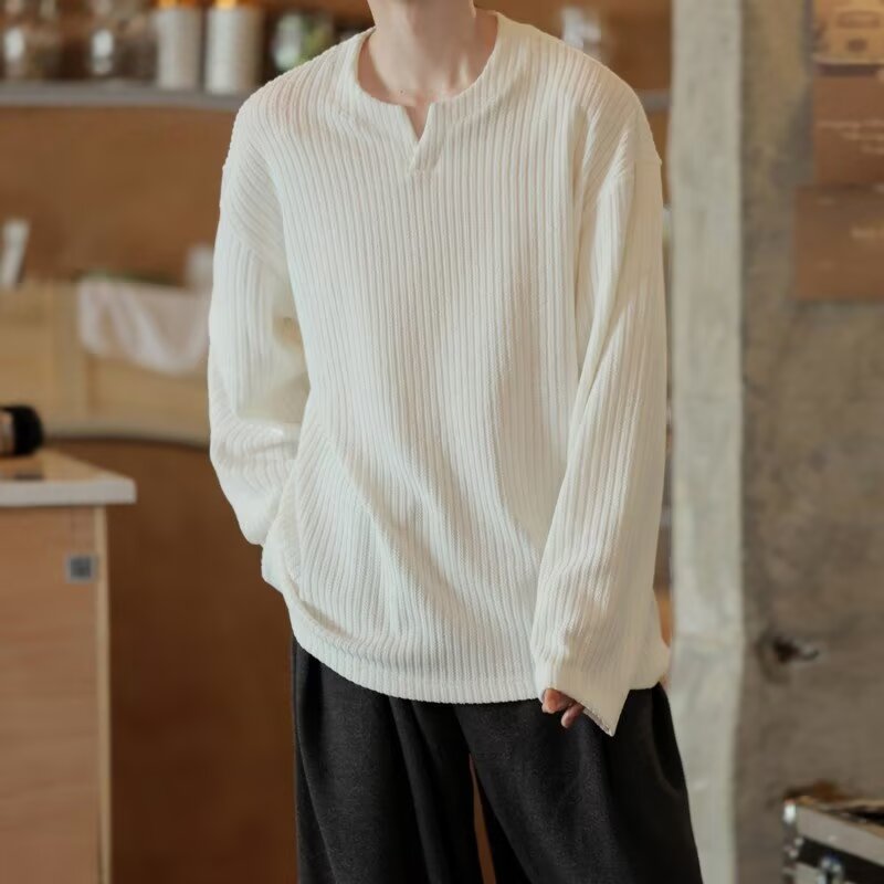 Adolescent pure color ins, loose V -neck spring V -neck long sleeve t -shirt men's spring and autumn laziness style, full wave