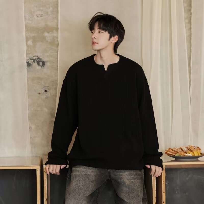 Adolescent pure color ins, loose V -neck spring V -neck long sleeve t -shirt men's spring and autumn laziness style, full wave