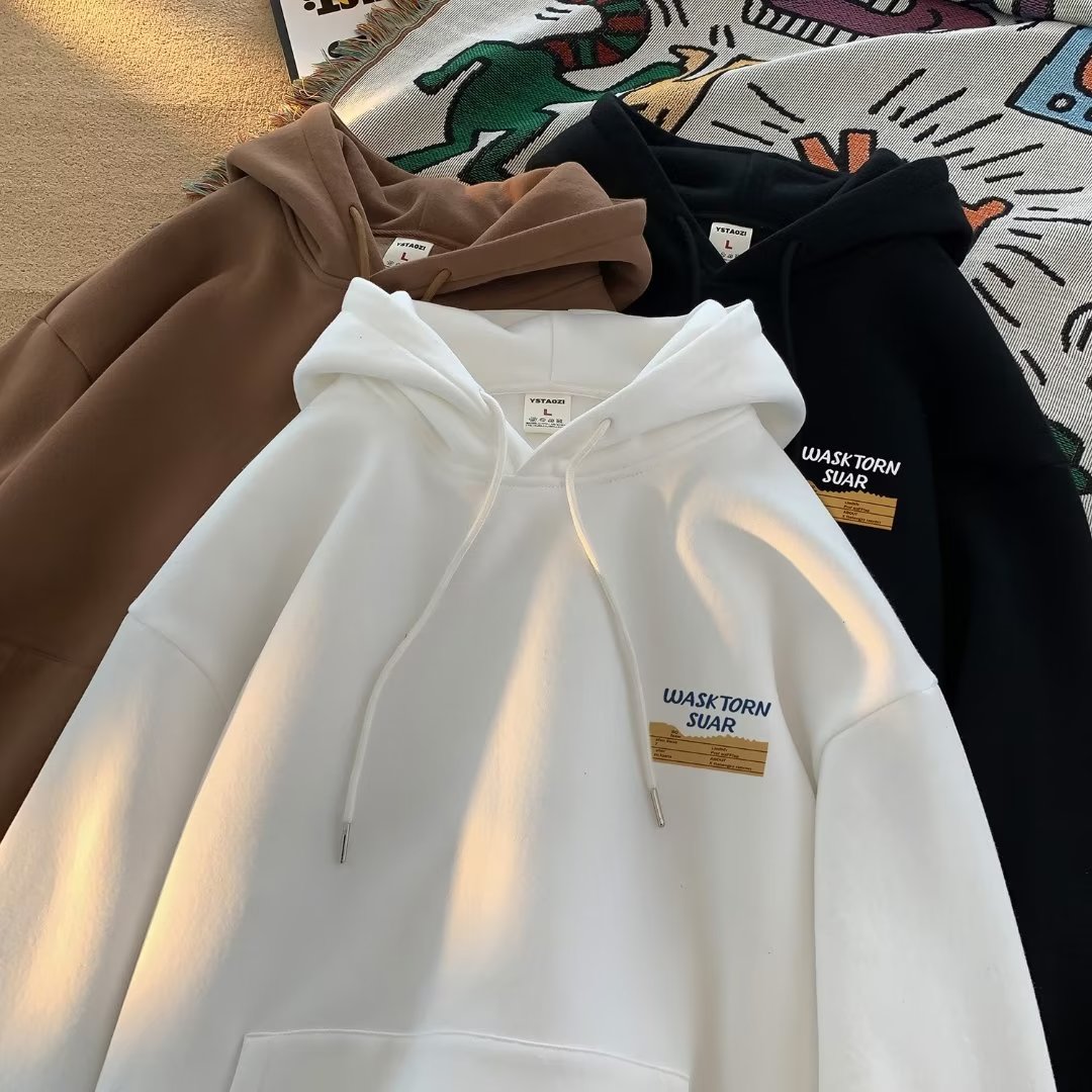 Autumn hooded sweatshirt men's spring and autumn trendy brand plus velvet heavy American teenager autumn and winter jacket loose