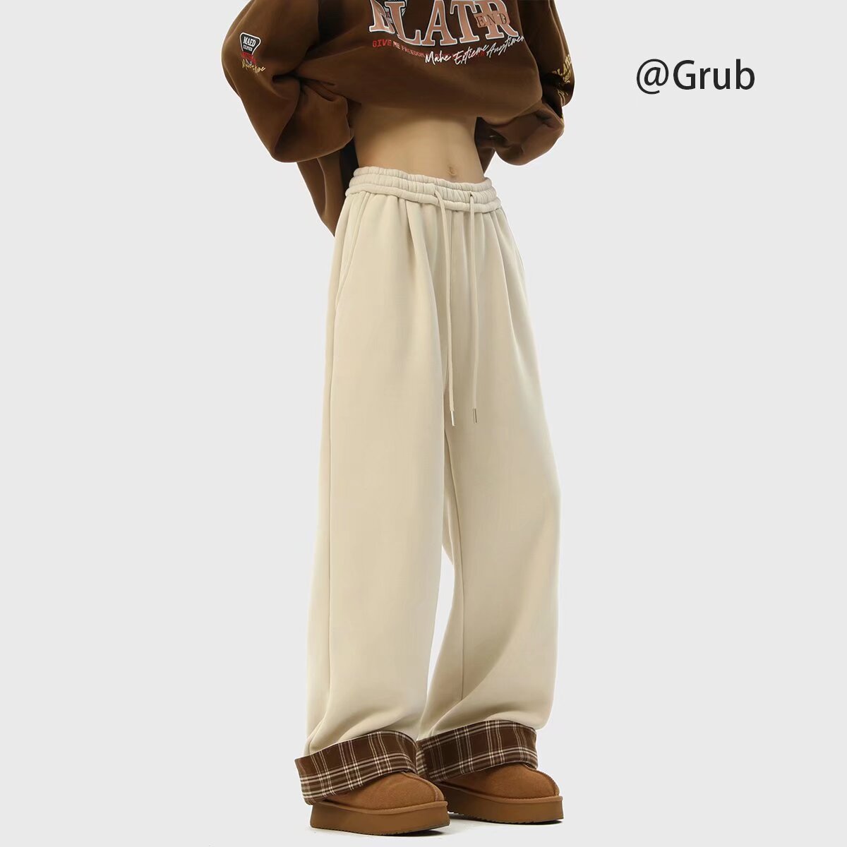 Plaid pants men's winter velvet thickening Japanese straight pants autumn and winter style American loose drape wide-leg casual pants