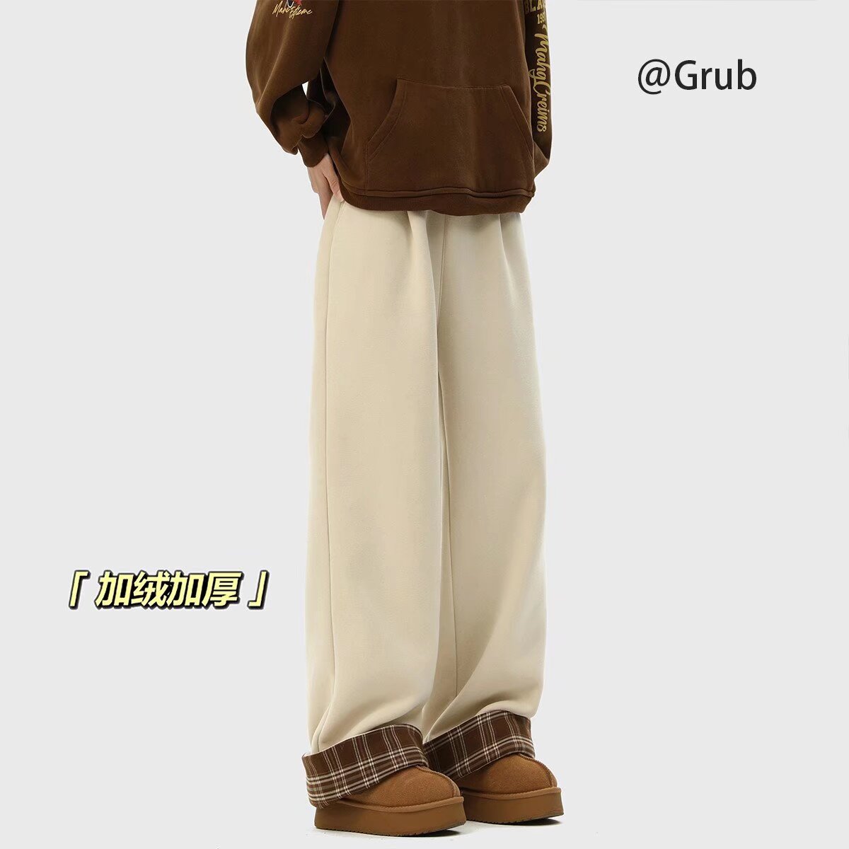 Plaid pants men's winter velvet thickening Japanese straight pants autumn and winter style American loose drape wide-leg casual pants