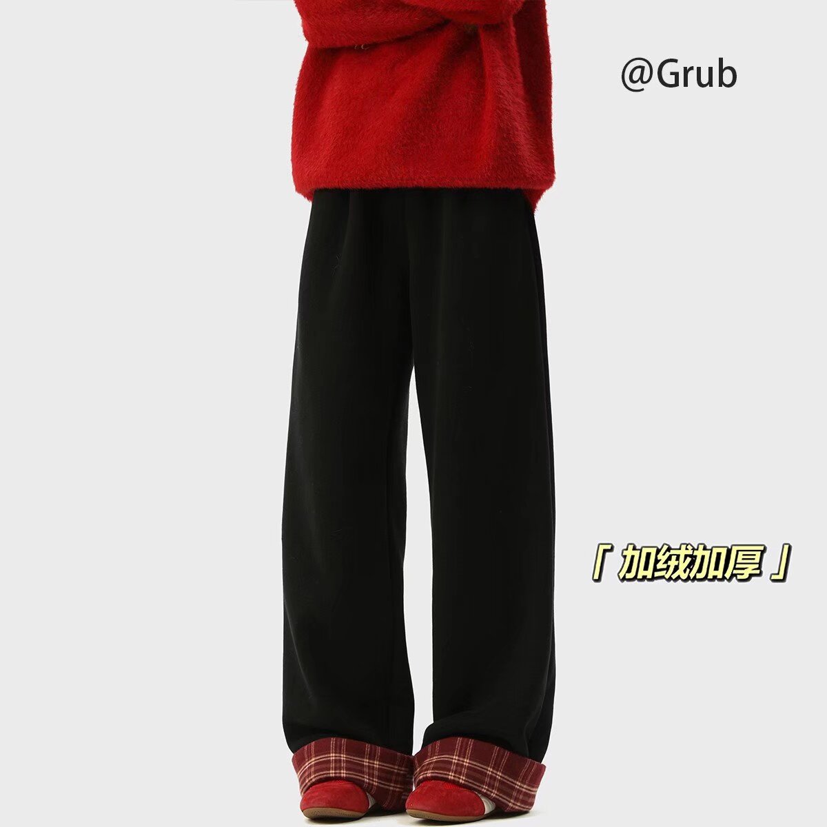 Plaid pants men's winter velvet thickening Japanese straight pants autumn and winter style American loose drape wide-leg casual pants