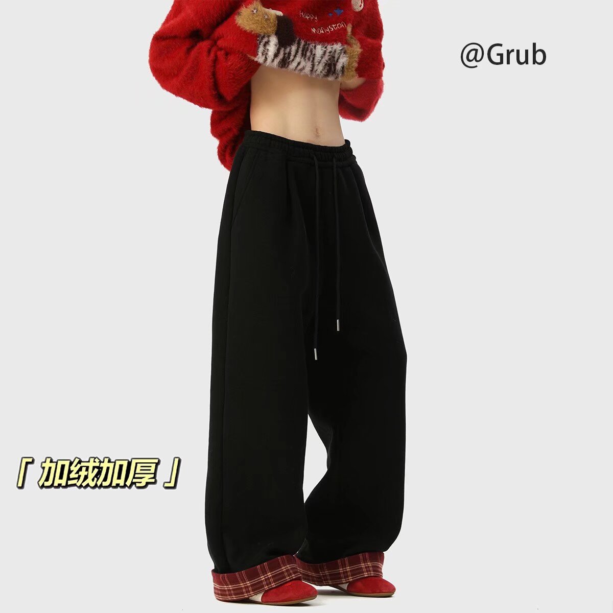 Plaid pants men's winter velvet thickening Japanese straight pants autumn and winter style American loose drape wide-leg casual pants