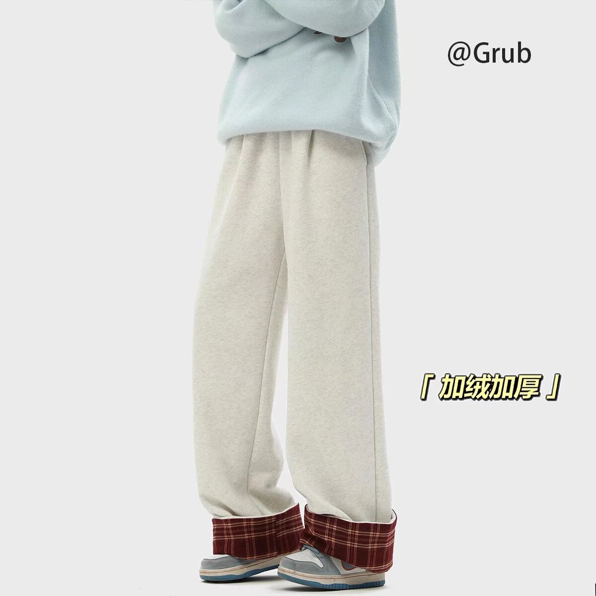 Plaid pants men's winter velvet thickening Japanese straight pants autumn and winter style American loose drape wide-leg casual pants