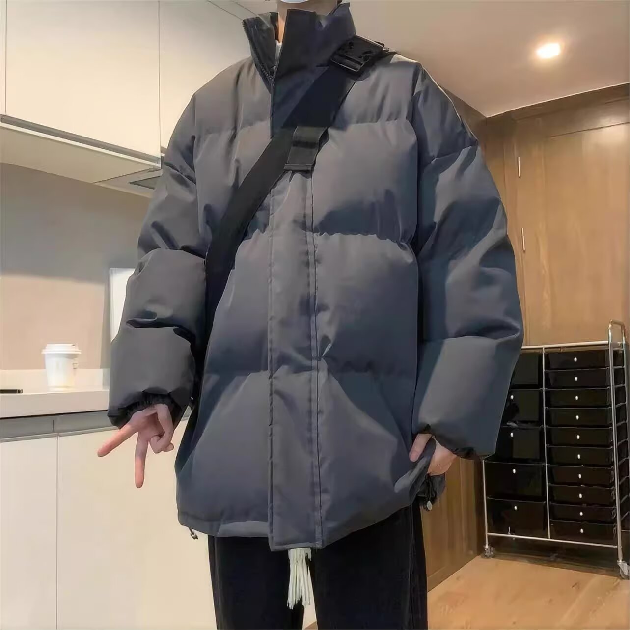 Winter solid color thickened stand-up collar cotton coat men's American retro loose versatile cotton jacket casual bread coat cotton coat