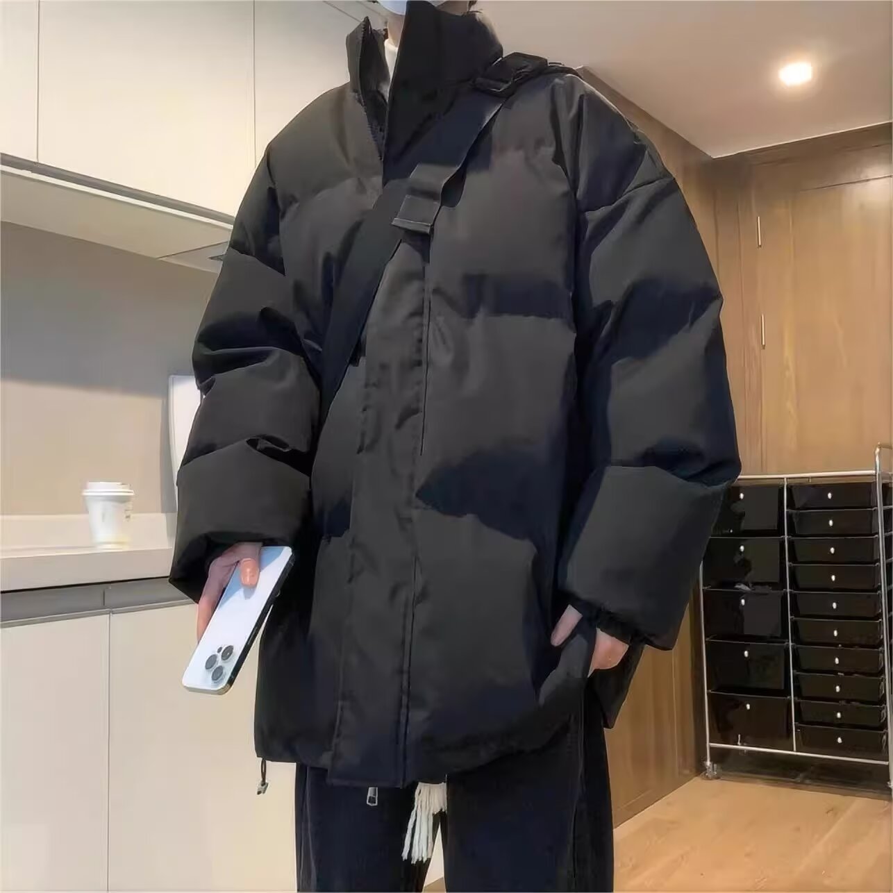 Winter solid color thickened stand-up collar cotton coat men's American retro loose versatile cotton jacket casual bread coat cotton coat