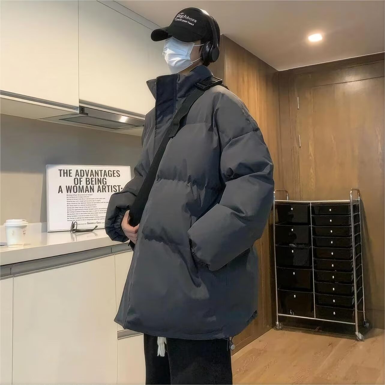 Winter solid color thickened stand-up collar cotton coat men's American retro loose versatile cotton jacket casual bread coat cotton coat