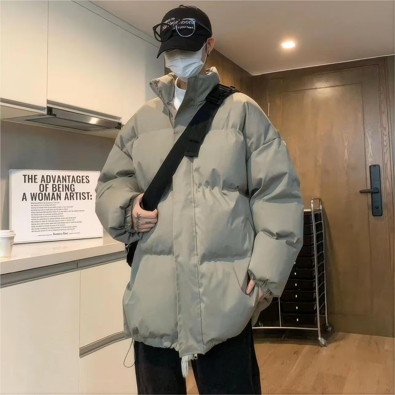 Winter solid color thickened stand-up collar cotton coat men's American retro loose versatile cotton jacket casual bread coat cotton coat