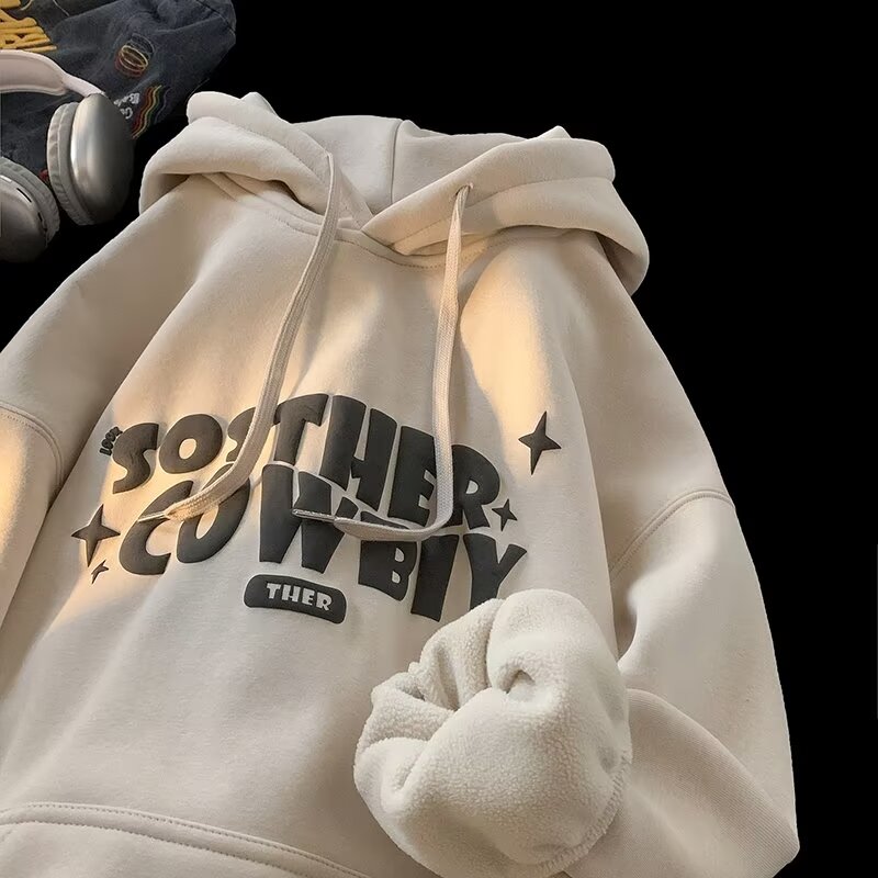 Letter plus velvet sweatshirt men's American fashion brand youth loose casual heavy hoodie jacket