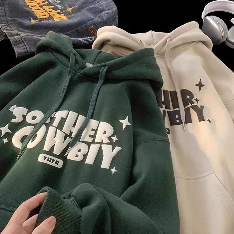 Letter plus velvet sweatshirt men's American fashion brand youth loose casual heavy hoodie jacket