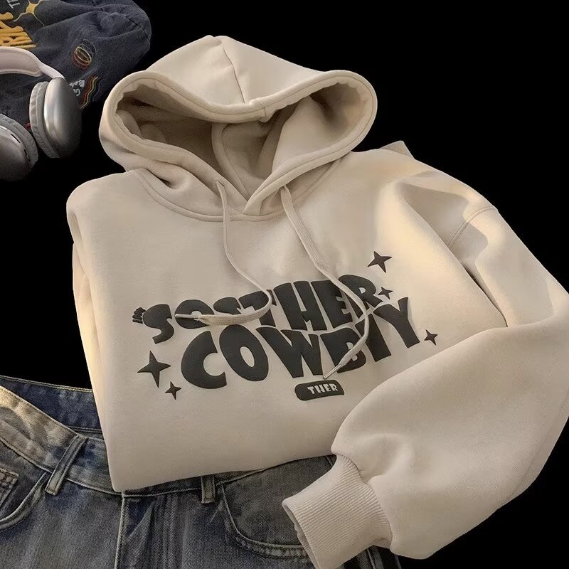 Letter plus velvet sweatshirt men's American fashion brand youth loose casual heavy hoodie jacket